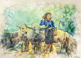 young asian woman with cattle walking on wooden bridge, malaysia, drawing