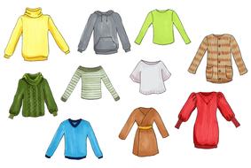 Colorful models of the clothes, at white background, clipart