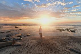 girl on the coast in the rays of the setting sun
