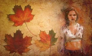 young woman and fall leaves, digital art