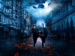 people flee from the apocalypse over the city