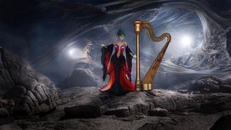 woman with harp in the cave