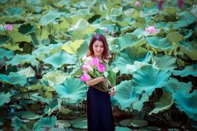 Asian model on the water lily background