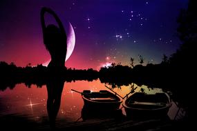 silhouette of a girl and fishing boats on the lake against the starry sky