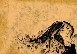 Smiling woman with flowers in hair, black drawing at sepia background