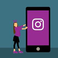 design for social media, cartoon girl in purple clothe with smartphone