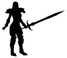 Black silhouette of a swordswoman, at white background, on clipart