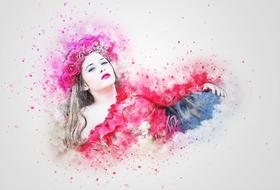Beautiful and colorful painting of the woman with flower wreath, among the paint splatter, on clipart