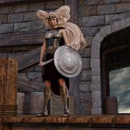 girl warrior with sword and shield on the background of the fortress