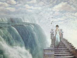 girl on the stairs near the waterfall