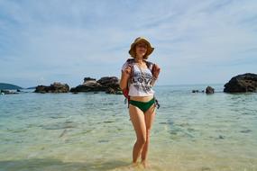 happy Woman in hat stands in water at beach