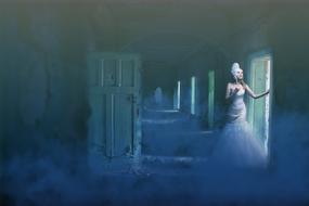 woman in white dress in mysterious house