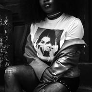 Black and white photo of the blogger girl