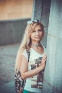 blonde with backpack