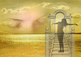 dream, digital art, relaxed girl on stairs