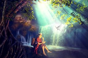 fantastic image of a woman and a dove in the background of a waterfall