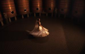 Bride in luxury dress in dark room, top view