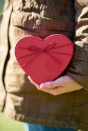 Person holding beautiful, red gift in shape of heart on Valentine's Day