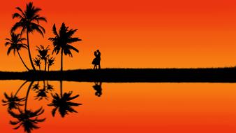 couple in love on tropical seaside, silhouette, drawing