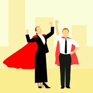 business people, woman and man wearing superhero capes at city, drawing