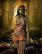 Elf woman, in the colorful dress and flower wreath, among the foggy trees, in the colorful light, clipart