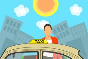 abstract girl at taxi car in city under Sun, drawing