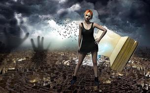 mystical image of a girl and a book against the background of a labyrinth and stormy sky