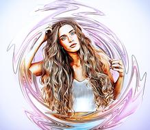 Beautiful and colorful drawing of a girl with curly hair, in a swirl, at purple background