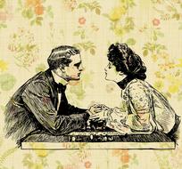 romantic couple at table, vintage drawing