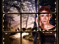 Beautiful girl, behind the broken window, near the river, among the colorful and beautiful forest, clipart