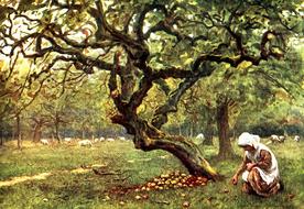 girl picking apples in the garden on vintage watercolor picture