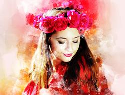 girl in rose wreath, watercolor painting, digital art