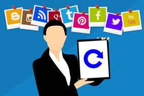 Clipart of a woman holding "Refresh" sign near the Social Media icons
