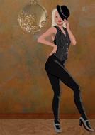 Painting of the beautiful, blonde woman jazz dancer, in black clothing, with the hat, clipart