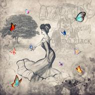 woman and butterflies in vintage picture