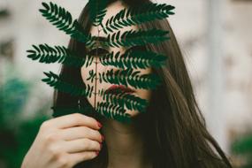 Portrait of the beautiful girl, holding branch, with the green leaves, at blurred background