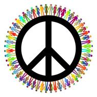 Beautiful, black Peace sign, with the colorful people around, at white background, clipart