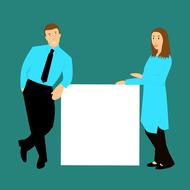 Business people in turquoise and black costumes, around the white board, at green background, clipart