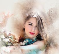 portrait of girl with flowers in digital art with blurred background