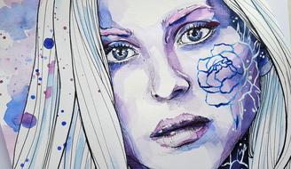 purple watercolor painting of a woman