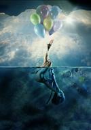 girl with balloons in the sea as a digital fantasy