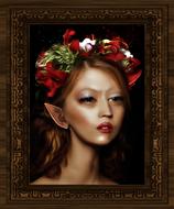 Beautiful and colorful painting, with the portrait of the beautiful fairy queen, with the colorful flower wreath, at black background, clipart