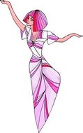 Beautiful drawing of the dancing woman, with colorful hair and in colorful dress, at white background