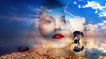 Portrait of the beautiful woman, with the red lips, above the water, with the tree and rocks, under the blue sky with white clouds, clipart