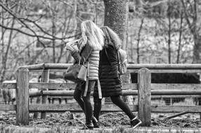 two girls walking in park at winter