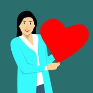 woman holding red heart, symbol of love, drawing