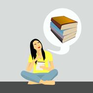 Colorful clipart with the sitting woman, thinking a bout the books