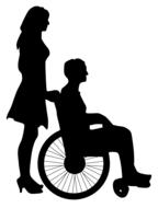 Black silhouettes of the girl and boy, on the wheelchair, at white background, clipart