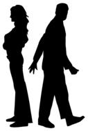 Black silhouettes of the woman and man in disagreement, at white background, on clipart