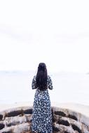 a girl with long hair in a dress stands with her back